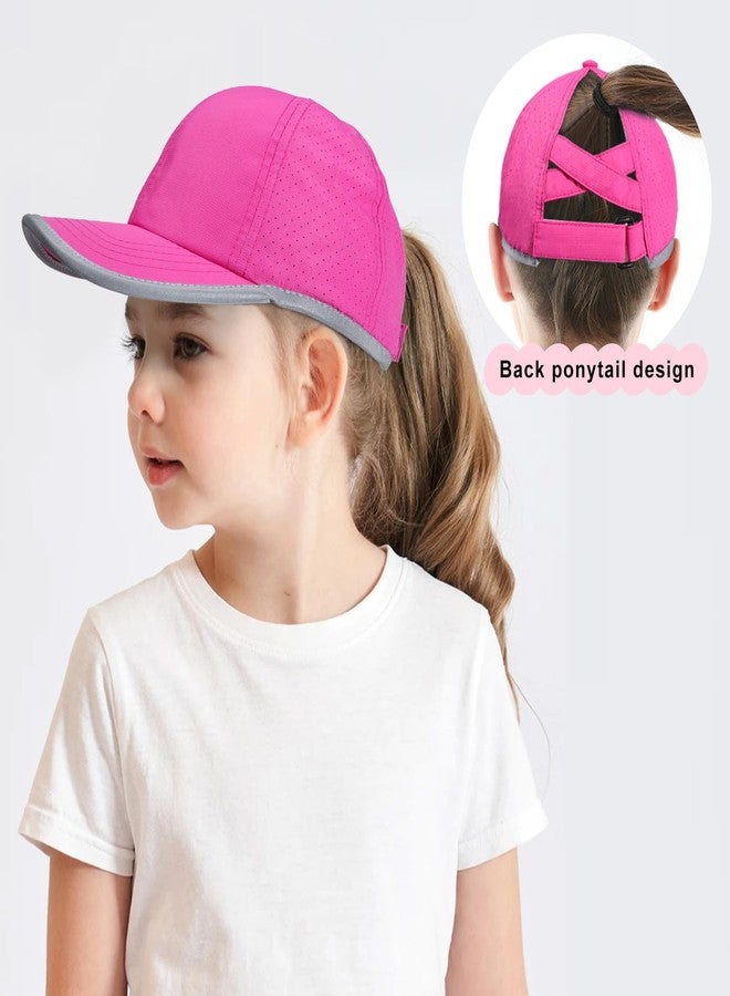 Peninpha Girls Criss Cross Ponytail Baseball Cap Reflective Quick Dry Hat Kids Cooling Mesh Sports Hat High Messy Bun Ponycap for Age 3-12,Hot Pink - Image 2